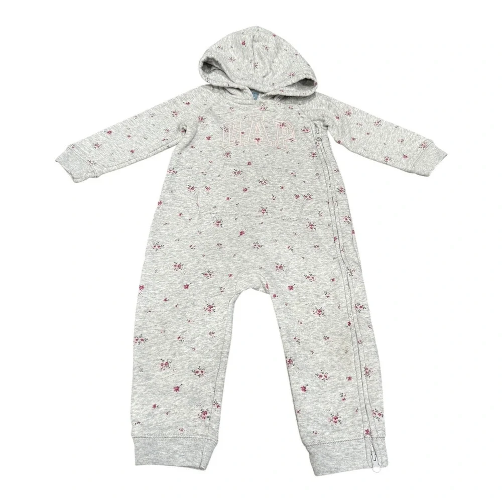 Gap Y2K One Piece Sweatsuit 18-24 Months Full Zip Pink Floral Gray Spell Out